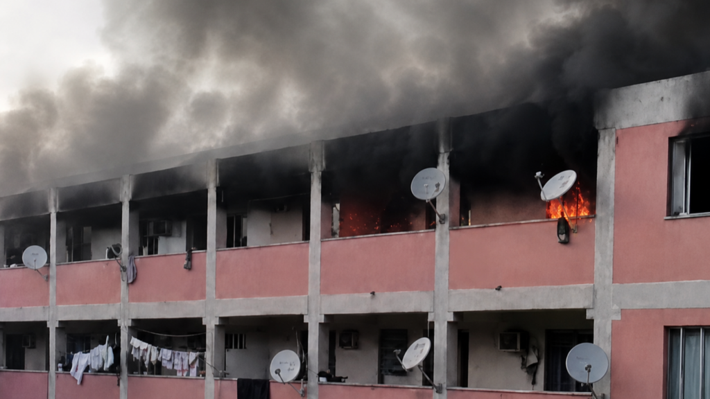 Fumaça escura e chamas atingem o último andar de um prédio residencial