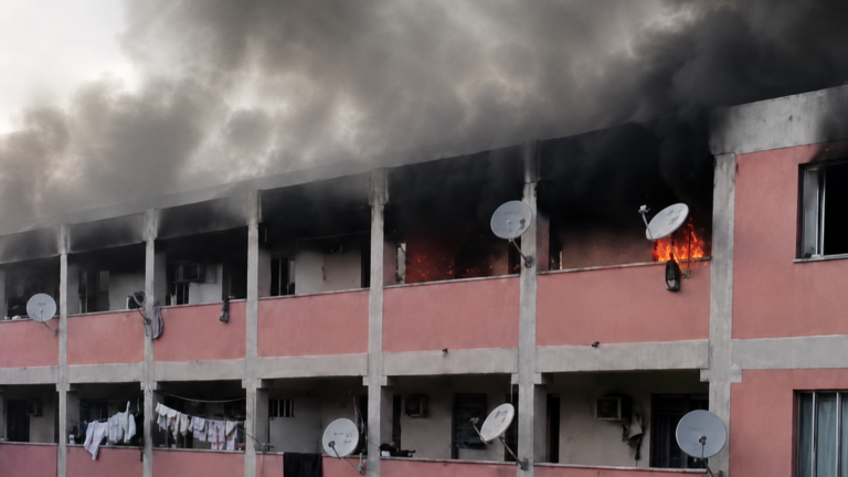 Fumaça escura e chamas atingem o último andar de um prédio residencial