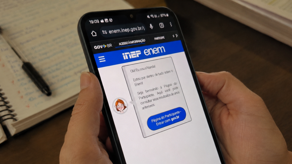Celular exibindo a Página do Participante do Enem