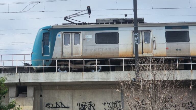 Trem passando pela linha férrea de Manguinhos
