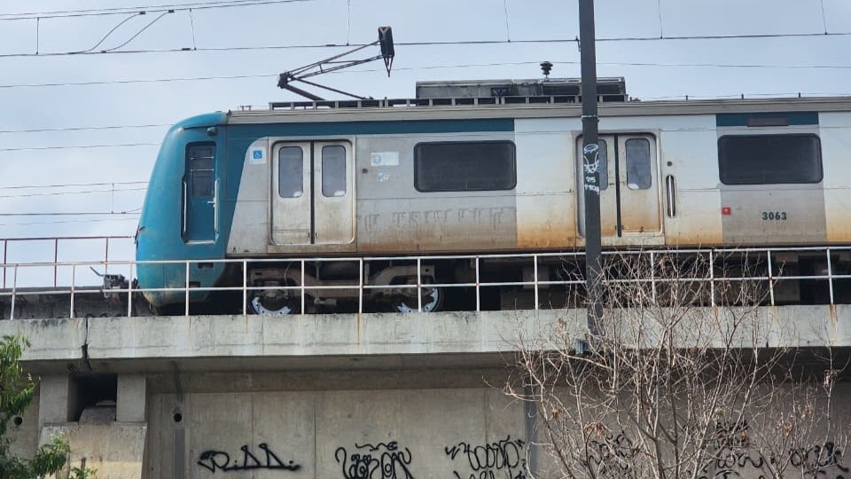 Trem passando pela linha férrea de Manguinhos